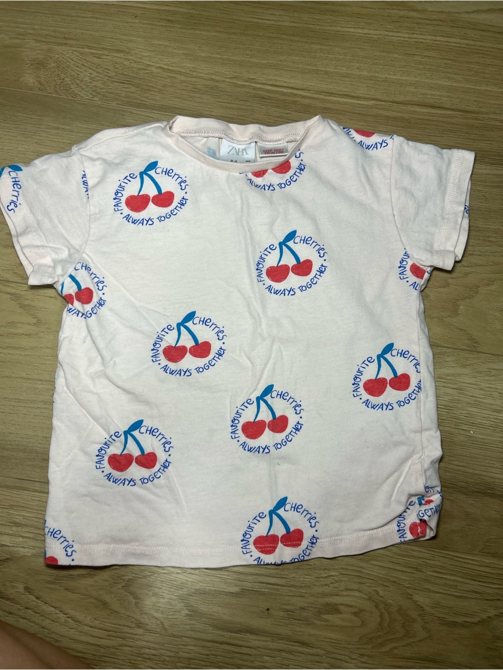 Zara White Tee with Red Cherries and Blue Stems